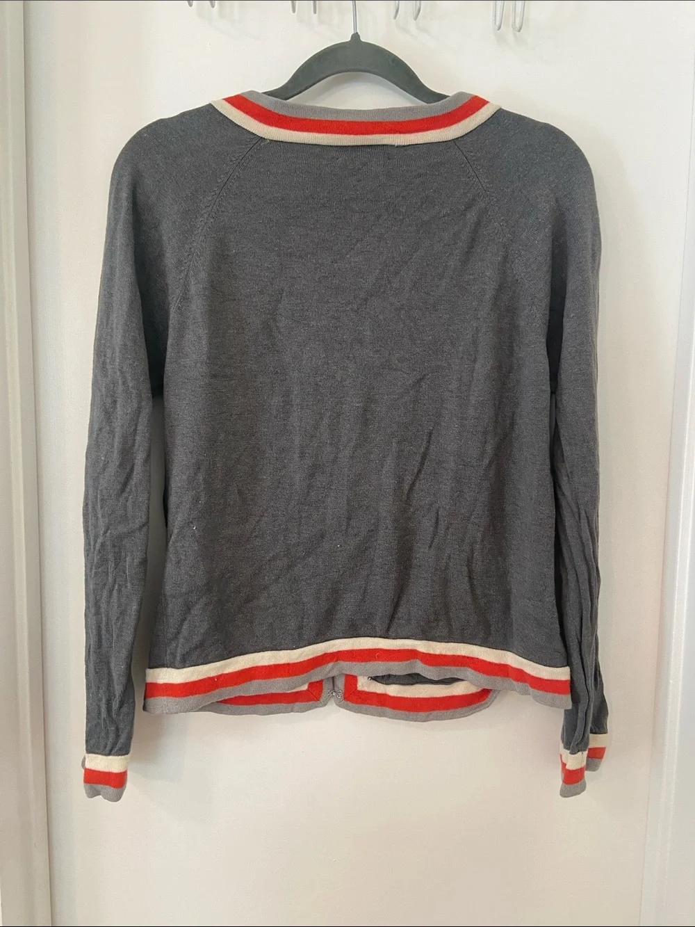 kate spade gray cardigan with cream and red trim wool/silk preppy size M